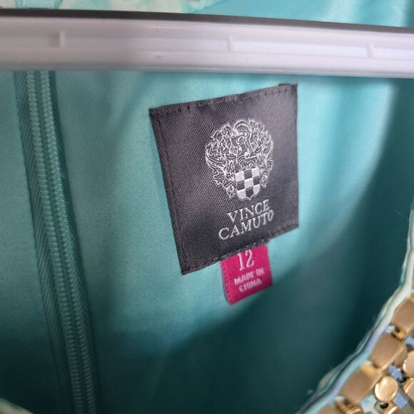 Vince Camuto Blue Printed Watercolor Chiffon Halter Top Gold Beads Maxi Dress 12 - Picture 5 of 10